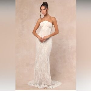 Lulu's Elegant White Lace Midi Dress